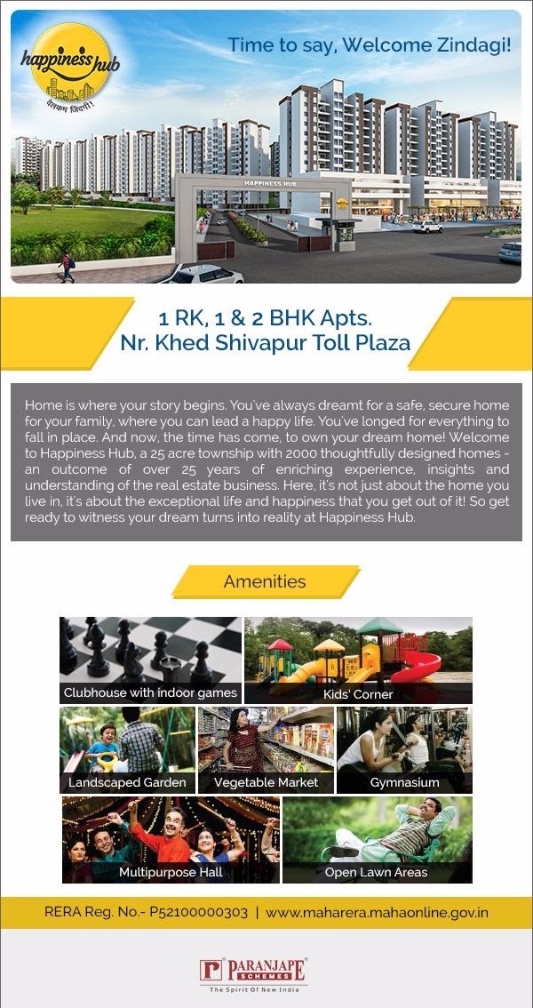 Buy 1 RK, 1 & 2 BHK apartments in Happiness Hub near Khed Shivapur Toll Plaza Update
